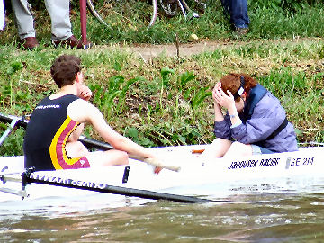 A crew pulls in the side after being bumped